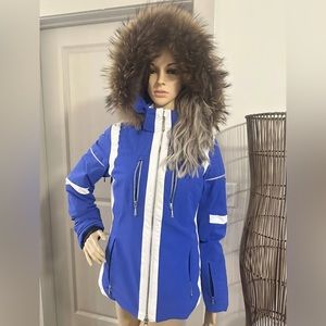 Descente Women’s Ski Jacket With Real Fur Hood Trim XS / Size 6 Blue and White